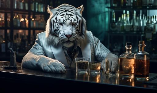 iconic white tiger sitting on top of a bar counter in a modern cocktail bar, on the bar counter you can see drinks cocktails and bar equipment and cocktail shakers, photorealistic, high end photo --style raw --ar 5:3 --s 250