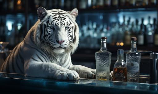 iconic white tiger sitting on top of a bar counter in a modern cocktail bar, on the bar counter you can see drinks cocktails and bar equipment and cocktail shakers, the tiger has a dog tag chain around his neck, photorealistic, high end photo --style raw --ar 5:3 --s 250