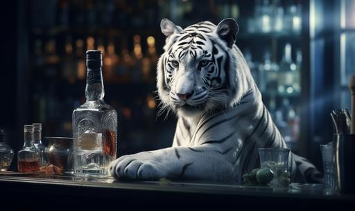 iconic white tiger sitting on top of a bar counter in a modern cocktail bar, on the bar counter you can see drinks cocktails and bar equipment and cocktail shakers, photorealistic, high end photo --style raw --ar 5:3 --s 250