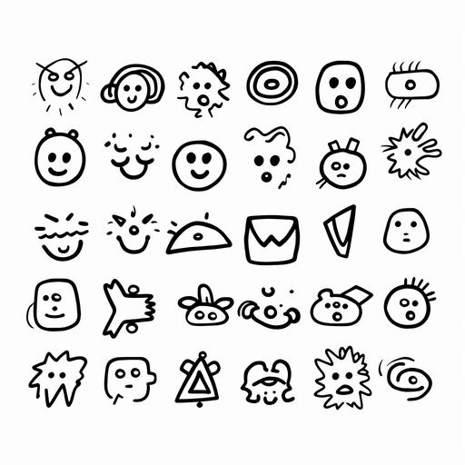 icons linkedin youtube twitter instagram tiktok facebook, emojis smile smirk relieved wink grin frown, texture, lines, hand drawn, 12pt ink pen, doodles, emojis, minimalistic, black, transparent background --s 250