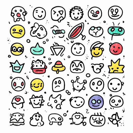 icons linkedin youtube twitter instagram tiktok facebook, emojis smile smirk relieved wink grin frown, texture, lines, hand drawn, 12pt ink pen, doodles, emojis, minimalistic, black, transparent background --s 250