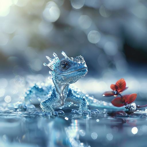 icy lizard inspired by a blue dragon, sitting on a frozen lake, small red flower in focus, blurry background --style raw