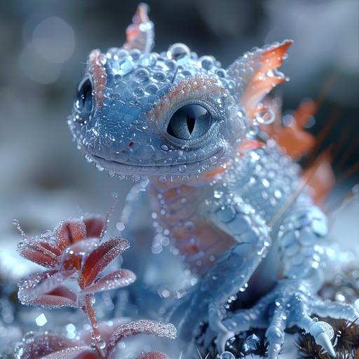 icy lizard inspired by a blue dragon, sitting on a frozen lake, small red flower in focus, blurry background --style raw --s 1000
