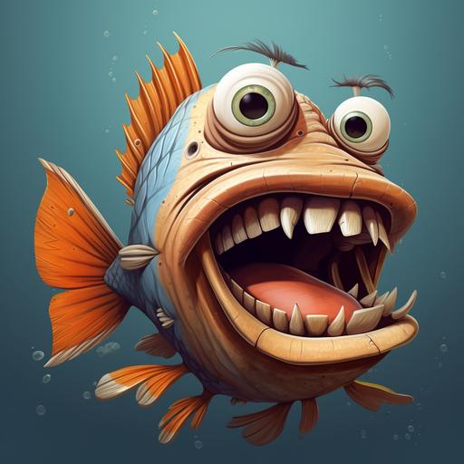 ids illustration, cartoon style, friendly fish with dirty teeth