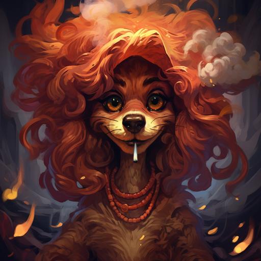 ifrit character named Poppy that looks similar to the Disney character Pluto the dog that smokes weed character illustration