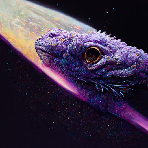 iguana purple, space vibes, ultra realistic, very detailed, with ciggarete