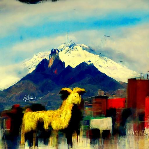 illimani of  La Paz, teleférico of La Paz, llamas phanton, paint strokes, blur, cinematic, ar- 16:9