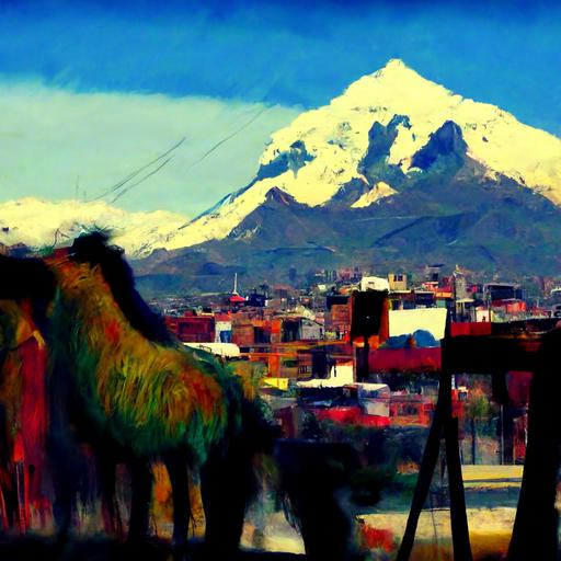 illimani of  La Paz, teleférico of La Paz, llamas phanton, paint strokes, blur, cinematic, ar- 16:9