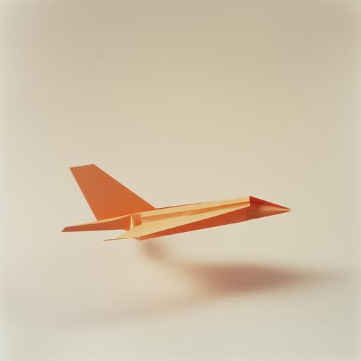 an orange paper aeroplane flying in a photography studio with a cream background