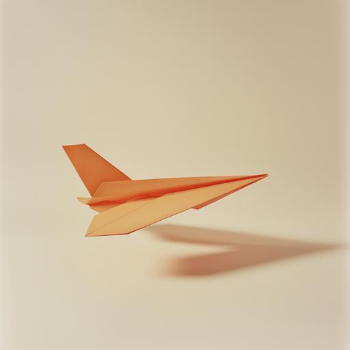 an orange paper aeroplane flying in a photography studio with a cream background --v 6.0