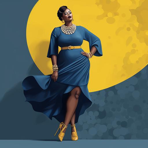 illstration african american plus size build woman, wearing blue dress with yellow heels, wearing white pearls necklace, standing full body image, legs acrossed and hand on her hip