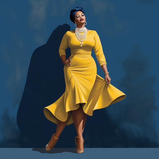 illstration african american plus size build woman, wearing blue dress with yellow heels, wearing white pearls necklace, standing full body image, legs acrossed and hand on her hip