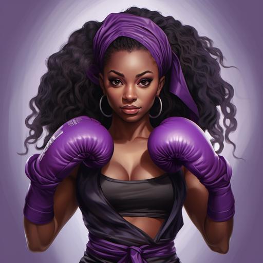 illstration black women fighting lupus with purple boxing robe and gloves on ,full body image, details
