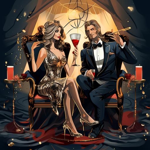 illustracion of a modern queen sitting in chair and her king put champagne in her glass, two beautifull girls standing besides them, 10% caricature --s 250