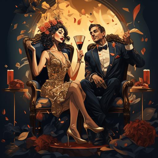 illustracion of a modern queen sitting in chair and her king put champagne in her glass 10% caricature --s 250