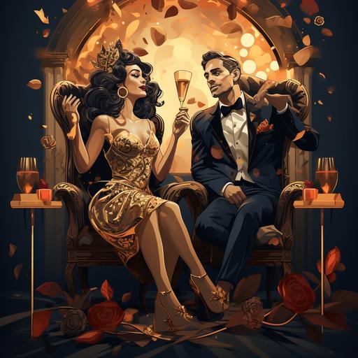illustracion of a modern queen sitting in chair and her king put champagne in her glass 10% caricature --s 250