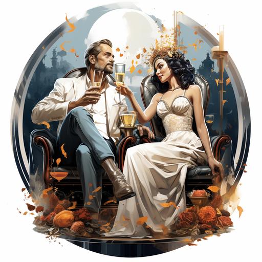 illustracion of a queen sitting in chair and her king put champagne in her glass 10% caricature --s 250