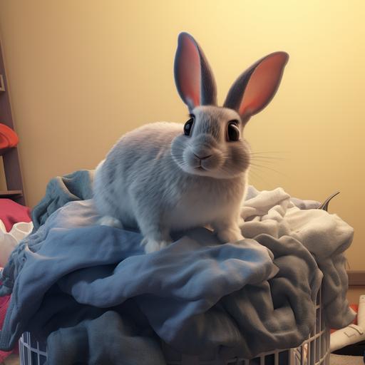 illustrate a Pixar movie style poster with a chinchilla rabbit in the style of a Pixar character on top of a large pile of laundry in Pixar animation style