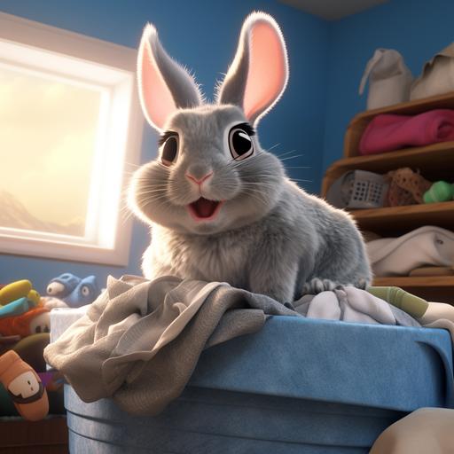 illustrate a Pixar movie style poster with a chinchilla rabbit in the style of a Pixar character on top of a large pile of laundry in Pixar animation style