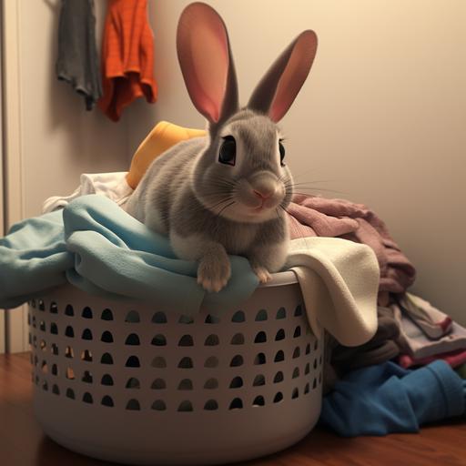 illustrate a Pixar movie style poster with this chinchilla rabbit in the style of a Pixar character with brown eyes and black tips on his ears on top of a large pile of laundry in Pixar animation style