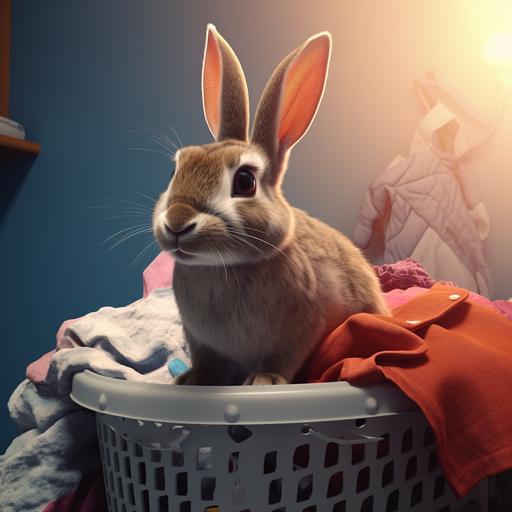 illustrate a Pixar movie style poster with this rabbit in the image in the style of a Pixar character on top of a large pile of laundry in Pixar animation style with good lighting