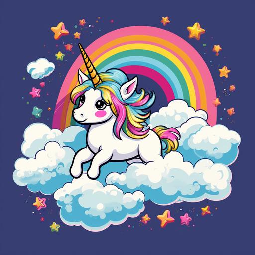 illustrate a cute unicorn happy flying through rainbow clouds, T-shirt design