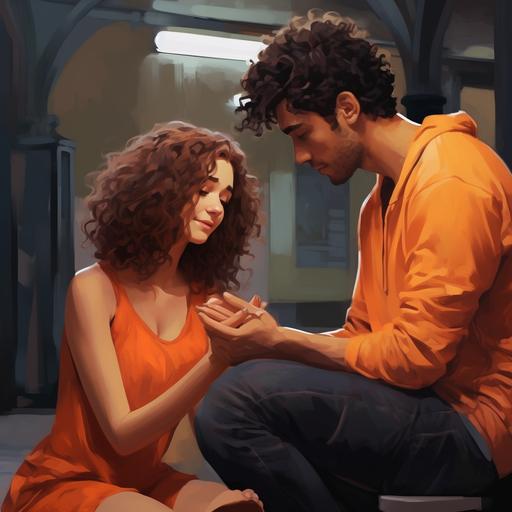 illustrate a guy in orange shirt and curly hair, Begging to be forgiven infront a pretty girl, Very magical illustration, ar 9:16