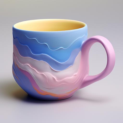 illustrate a nericomi ceramic cup made with light pink clay, yellow, blue, purple with a little gorge with a handle