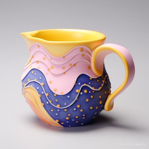 illustrate a nericomi ceramic cup made with light pink clay, yellow, blue, purple with a little gorge with a handle