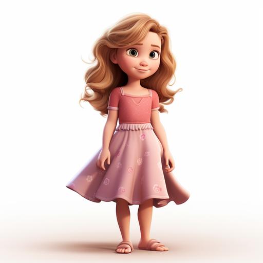 illustrate a young girl, 6 years old, brownish-blonde hair, blue eyes, wearing mauve pink sundress, white flip flops, in the cartoon style of disney and pixar animation