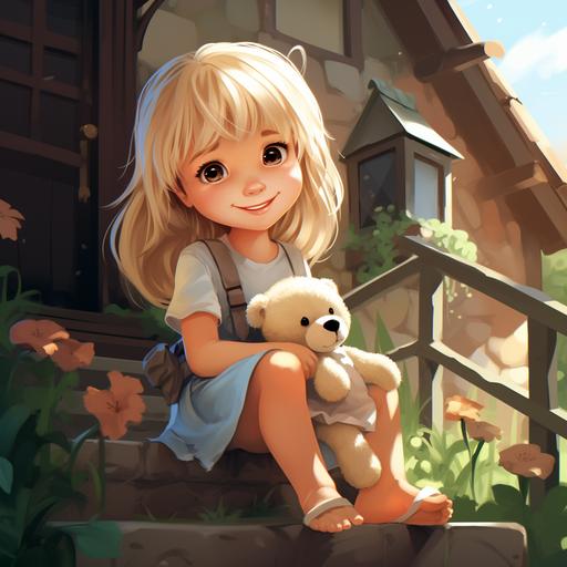 illustrate blonde hair blue eyes cute baby girl with dark brown teddy bear. in front of the house. sitting in the stairs. grass. flowers. cartoon style
