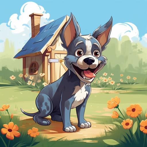 illustrate blue old dog with huge ears in front of doghouse, garden background. grass. flowers. bushes. cartoon style