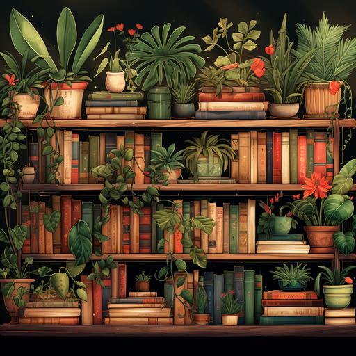 illustrated 2d image with a bookshelf filled with book spines and plants