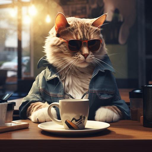 illustrated A sweet cat with Rayban glasses sitting at the table in the cafe, has a coffee cup in front of her(dişil)