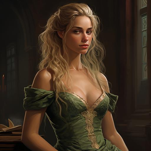 illustrated, dnd, Noblewoman, twenty five years old, pretty, in a green silk and lace dress, long dirty blonde hair flowing past her waist