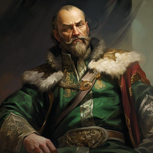 illustrated, dnd, man perhaps in his mid 40s, balding, in ornate green silk noble's clothes, dirty blonde beard, tired looking lord