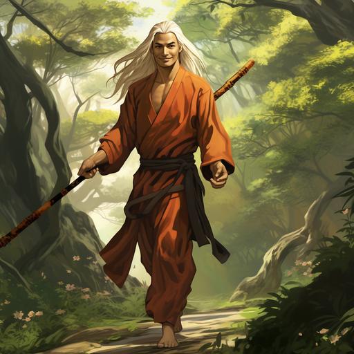 illustrated long blonde hair, shinny, smiling shaolin monk walking down a forest path with a quarterstaff