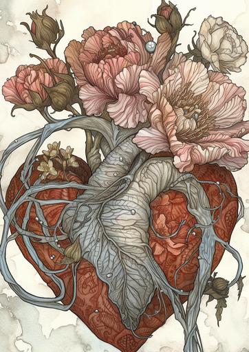 illustrated valentines heart with flowers in the style of Brian froud whimsical and beautiful --v 6.0 --ar 5:7 --sref