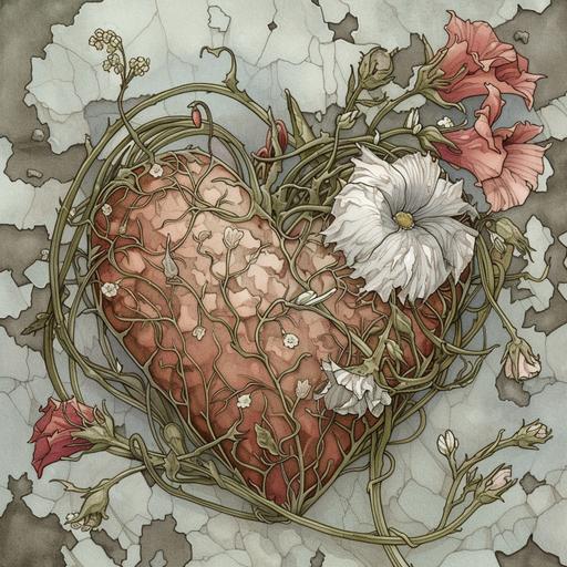 illustrated whimsical valentines heart with flowers in the style of Brian froud whimsical and beautiful --v 6.0 --ar 1:1 --sref