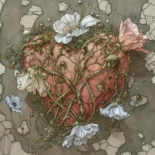 illustrated whimsical valentines heart with flowers in the style of Brian froud whimsical and beautiful --v 6.0 --ar 1:1 --sref