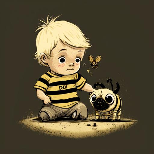 illustration , baby blonde playing with a baby pug nest to them ant character from pinocchio, the baby boy is wearing black tshirt and gray pants, baby pug is wearing yellow and black stripes tshirt, dark background, sand floor --v 4