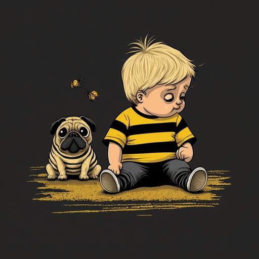 illustration , baby blonde playing with a baby pug nest to them ant character from pinocchio, the baby boy is wearing black tshirt and gray pants, baby pug is wearing yellow and black stripes tshirt, dark background, sand floor --v 4