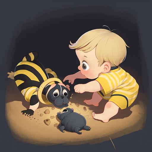 illustration , baby blonde playing with a baby pug nest to them ant character from pinocchio, the baby boy is wearing black tshirt and gray pants, baby pug is wearing yellow and black stripes tshirt, dark background, sand floor --niji