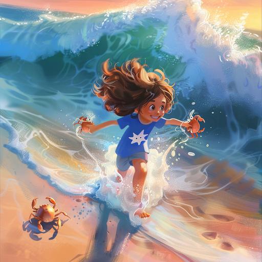 illustration IP character design for a children's book,3D CGI style,a girl is Walking along the beach,leaving footprints,catching crabs,crabs on big toes,rich in content,popmart style,avibrant colors and dynamic lighting --ar 1:1 --cref  --v 6.0