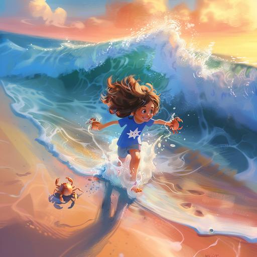 illustration IP character design for a children's book,3D CGI style,a girl is Walking along the beach,leaving footprints,catching crabs,crabs on big toes,rich in content,popmart style,avibrant colors and dynamic lighting --ar 1:1 --cref  --v 6.0