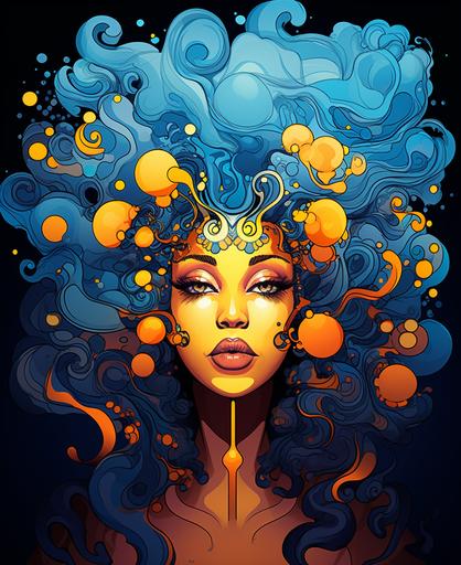 illustration, african mystical water goddess with big nose, big lips, big afro, cartoon style, thick lines, low detail, vivid color --ar 9:11