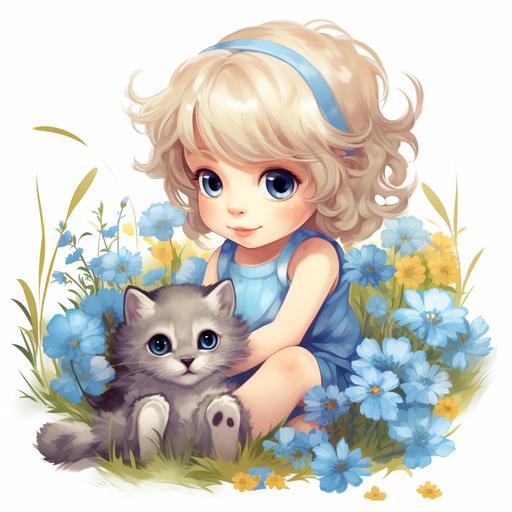 illustration blonde baby girl with blue eyes, sitting in the flowery grass. grey cute cat. bushes. cartoon style