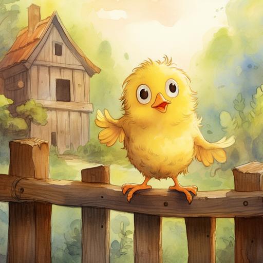 illustration book cover. yellow chickabiddy in court with wooden fence. watercolor cartoon style