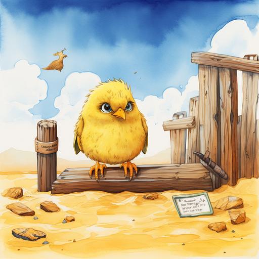 illustration book cover. yellow chickabiddy in sand. court with wooden fence. watercolor cartoon style