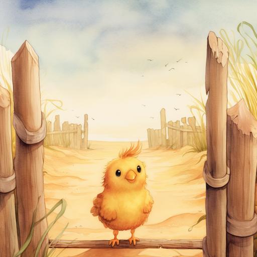 illustration book cover. yellow chickabiddy in sand. court with wooden fence. watercolor cartoon style